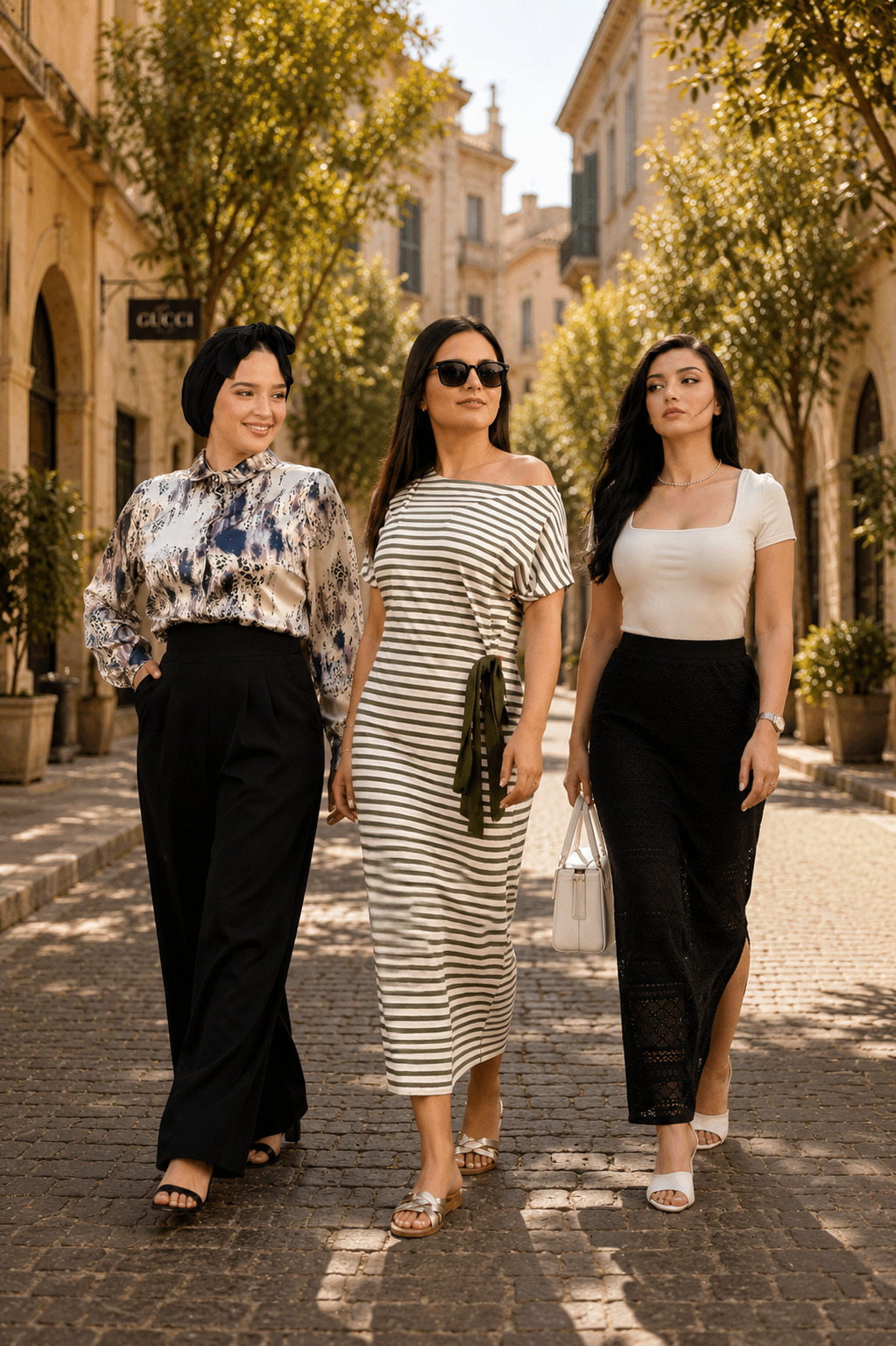 Trois femmes élégantes en jupe longue, pantalon rayé et pantalon en dentelle, collection Maison Rachel